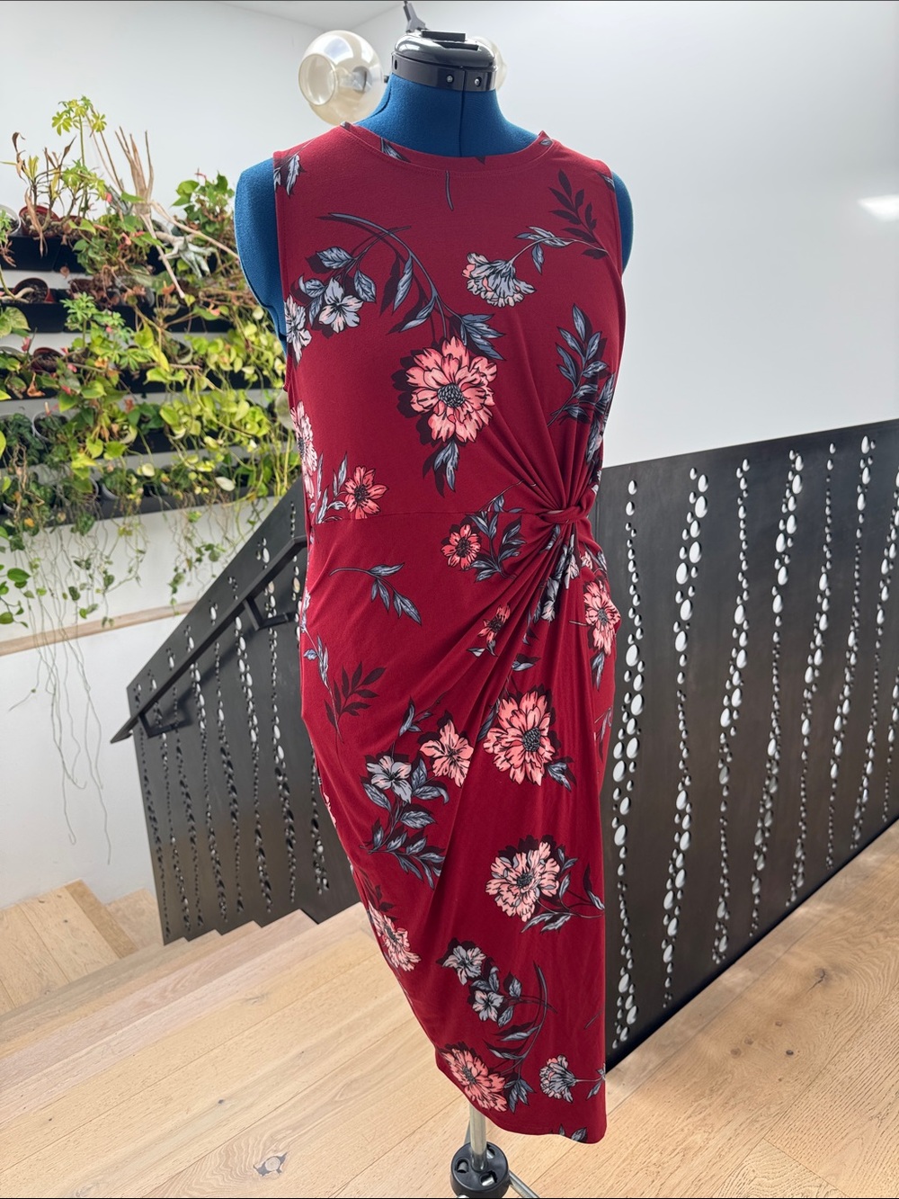 nine britton Floral Twist-Front Midi Dress - Burgundy with Pink Accents